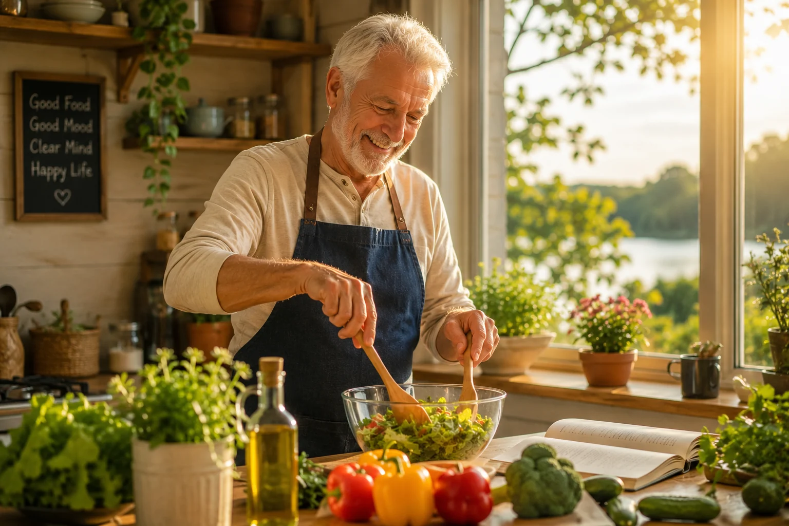 A silver-haired man cooking a fresh salad at a sunlit kitchen window over a lake, a chalkboard reading Good Food, Good Mood, Clear Mind, Happy Life behind him